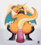 anal anal_penetration ball_gag bodily_fluids butt clothing collar dildo dildo_sitting dragonite drooling feral gag gagged generation_1_pokemon hi_res latex latex_clothing latex_legwear legwear looking_at_viewer male n1k0 nintendo penetration pokemon pokemon_(species) presenting presenting_hindquarters saliva sex_toy simple_background solo