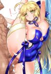  ! 1boy 1girl absurdres ahoge alternate_breast_size arm_up artoria_caster_(fate) artoria_caster_(swimsuit)_(fate) artoria_caster_(swimsuit)_(third_ascension)_(fate) artoria_pendragon_(fate) bare_shoulders blonde_hair blue_one-piece_swimsuit blue_ribbon blush bow breasts cleavage covered_navel ebora facial_mark fate/grand_order fate_(series) forehead_mark green_eyes hair_bow hetero highleg highleg_swimsuit highres large_breasts leg_lift leg_up long_hair one-piece_swimsuit open_mouth parted_bangs penis pussy ribbon sex sex_from_behind sparkling_eyes standing standing_sex swimsuit testicles thighs twintails vaginal very_long_hair 