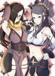  2girls armpits bare_shoulders blush breasts brown_eyes brown_hair cleavage fire_emblem fire_emblem_fates hair_bun hair_ornament hair_over_one_eye hand_on_own_hip highres holding japanese_clothes jewelry kagero_(fire_emblem) large_breasts long_hair looking_at_viewer midriff multiple_girls navel nenemu0 orochi_(fire_emblem) ponytail purple_eyes purple_hair scarf smile yellow_scarf 