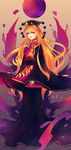  blonde_hair chinese_clothes dress full_body full_moon gradient gradient_background hat highres junko_(touhou) long_hair looking_at_viewer moon open_mouth red_eyes ringocha smile solo sparkle tabard touhou very_long_hair wide_sleeves 