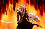  1boy armor black_coat chun_lo coat final_fantasy final_fantasy_vii final_fantasy_vii_remake fire holding holding_sword holding_weapon katana long_hair pale_skin pauldrons sephiroth shoulder_armor solo sword weapon white_hair 