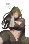  1girl abs absurdres alternate_costume arknights bike_shorts blanket blush breasts cleavage crocodilian_tail dreadlocks english_commentary english_text gavial_(arknights) green_shorts green_tank_top grey_hair highres large_breasts long_hair long_sleeves looking_at_viewer midriff najashi navel oripathy_lesion_(arknights) parted_lips pointy_ears shorts sitting skin_tight smile solo speech_bubble sports_bra sportswear sweat sweatdrop tail tank_top teeth thick_thighs thighs white_background wide_hips wiping_face wiping_sweat yellow_eyes 