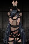  1girl absurdres armpits arms_up bandages black_hair bound bound_wrists eyepatch fate/grand_order fate_(series) fishnet_leotard flat_chest highres long_hair mochizuki_chiyome_(fate) purple_eyes restrained rope snake_tattoo sweatdrop tanuki_(siutkm0228) tattoo 