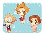  3boys american_flag american_flag_print black_eyes blush border bright_pupils brown_hair chibi chibi_only closed_mouth dylan_keith eyelashes flag_print food full_body green_eyes hair_bobbles hair_ornament hairclip hand_fan holding holding_fan holding_food holding_popsicle ichinose_kazuya inazuma_eleven_(series) kotorai loose_clothes loose_shirt male_focus mark_kruger multiple_boys no_nose off-shoulder_shirt off_shoulder open_mouth popsicle red_shorts shirt shorts smile striped_clothes striped_shirt sunglasses tank_top white_border white_pupils 
