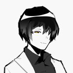  1boy ayin_(project_moon) closed_mouth collared_shirt greyscale highres lab_coat lobotomy_corporation looking_at_viewer madotsuki_ren male_focus monochrome portrait project_moon shirt smile solo spot_color yellow_eyes 