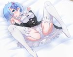  bed_sheet blue_eyes blue_hair blush bow bow_panties breasts cameltoe cleavage detached_collar detached_sleeves dress garter_straps hair_ornament hair_over_one_eye highres looking_at_viewer lying maid maid_headdress medium_breasts on_back on_bed open_mouth ossannoa panties paw_pose re:zero_kara_hajimeru_isekai_seikatsu rem_(re:zero) short_hair solo spread_legs thighhighs underbust underwear white_legwear white_panties x_hair_ornament 