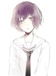  1girl hair_between_eyes head_tilt long_sleeves looking_at_viewer lowres necktie norn9 parted_lips prin_dog purple_eyes purple_hair sailor_collar school_uniform serafuku shiranui_nanami shirt short_hair simple_background solo upper_body white_background white_sailor_collar white_shirt 