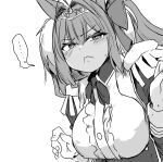  ... 1girl :&lt; absurdres animal_ears blush breasts center_frills daiwa_scarlet_(umamusume) double-parted_bangs epaulettes fingernails frills furrowed_brow greyscale hair_between_eyes hair_intakes hands_up highres horse_ears large_breasts long_sleeves looking_at_viewer monochrome poyo_(hellmayuge) simple_background solo spoken_ellipsis umamusume upper_body white_background 