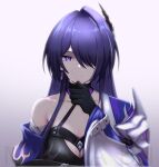  1girl acheron_(honkai:_star_rail) bandaged_arm bandages black_choker black_gloves blue_eyes breasts choker cleavage commentary gloves hair_ornament hair_over_one_eye hand_up honkai:_star_rail honkai_(series) long_hair looking_at_viewer mb_(mbisnotmybad) purple_background purple_hair single_bare_shoulder solo upper_body very_long_hair 