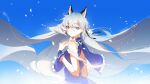  1girl ajimita animal_ear_fluff animal_ears bare_shoulders blue_background blue_dress blue_eyes blue_sky capelet cat_ears closed_mouth dress floating_hair frills grey_hair hair_between_eyes hair_ribbon hand_on_own_chest indie_virtual_youtuber inuzuki_ren long_hair looking_at_viewer ribbon sky sleeveless smile solo upper_body very_long_hair virtual_youtuber wind wrist_cuffs 