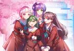  4girls :d ;d absurdres aqua_neckerchief black_choker blunt_bangs blurry blurry_background blush brown_dress brown_hair brown_neckerchief building cherry_blossoms choker closed_mouth colored_inner_hair commentary dress falling_petals flower fujishima_megumi graduation green_eyes green_hair grey_hair group_picture hair_bun hair_flower hair_ornament hairclip hand_grab hasu_no_sora_school_uniform highres holding holding_petal hug interlocked_fingers link!_like!_love_live! long_hair long_sleeves looking_at_another looking_at_viewer love_live! multicolored_hair multiple_girls neckerchief o-ring o-ring_choker one_eye_closed oogami_sachi open_mouth otomune_kozue own_hands_clasped own_hands_together petals pink_eyes pink_petals pleated_dress purple_eyes purple_hair red_flower red_hair sailor_collar sailor_dress sankin_(_sankin510) school_uniform short_hair side_ponytail sidelocks single_side_bun smile star_(symbol) star_hair_ornament streaked_hair swept_bangs tube two_side_up white_sailor_collar winter_uniform yellow_eyes yugiri_tsuzuri 