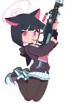  1girl absurdres animal_ears black_choker black_hair black_hoodie black_pantyhose blue_archive blunt_bangs bren_lmg cat_choker cat_ears cat_girl choker closed_mouth colored_inner_hair feet_up full_body gun halo highres holding holding_gun holding_weapon hood hoodie kazusa_(blue_archive) light_machine_gun looking_at_viewer monster_l_(hochihochiha) multicolored_hair pantyhose pink_eyes pink_hair pink_halo short_hair simple_background skirt solo tachi-e weapon white_background white_skirt 