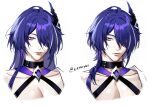  1boy 1girl acheron_(honkai:_star_rail) black_choker choker collarbone commentary dual_persona eriimyon genderswap genderswap_(ftm) grey_hair hair_ornament halterneck highres honkai:_star_rail honkai_(series) multicolored_hair purple_eyes purple_hair simple_background streaked_hair white_background 