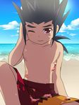  1boy beach cardfight!!_vanguard food huryusyou katsuragi_kamui male_fous ocean outdoors public red_eyes solo summer topless water 