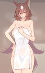  1girl absurdres animal_ears blush breasts brown_hair cleavage commentary_request cowboy_shot ear_ornament hair_between_eyes hand_on_own_hip highres himuraanzu horse_ears horse_girl horse_tail indoors large_breasts long_hair multicolored_hair naked_towel parted_lips red_eyes sirius_symboli_(umamusume) solo steaming_body streaked_hair tail textless_version towel umamusume very_long_hair white_hair white_towel 