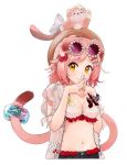  1girl animal_ears animal_on_head arata_haru arknights bikini bikini_top_only black_shorts blush cat cat_ears cat_girl cat_tail commentary cowboy_shot cropped_legs dot_nose food-themed_hair_ornament goldenglow_(arknights) goldenglow_(summer_flowers)_(arknights) hair_ornament hat highres infection_monitor_(arknights) looking_at_viewer nervous on_head pink_cat pink_hair purple-tinted_eyewear short_hair shorts simple_background solo steepled_fingers straw_hat sunglasses swimsuit swimsuit_cover-up tail tinted_eyewear watermelon_hair_ornament white_background white_bikini yellow_eyes 