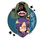  2boys between_fingers black_gloves brown_hair cigarette collared_shirt gloves green_jumpsuit grin holding holding_cigarette hood hood_up jacket jumpsuit kotorai male_focus marumaru_no_shuyaku_wa_wareware_da! multiple_boys necktie no_nose pointing pointing_at_viewer purple_hair purple_jacket red_necktie shaded_face sharp_teeth shirt short_hair signature smile smoke_trail smoking star_(symbol) teeth translation_request utsu-sensei white_background white_shirt zom 