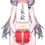  1boy bow box closed_mouth cowboy_shot gift gift_box grey_hair hair_bow head_out_of_frame holding holding_box ikr_(artist) long_hair male_focus mouth_hold navel otoko_no_ko paper simple_background solo sweat thigh_gap tongkkangi tongkkangi_(streamer) trembling twintails white_background 