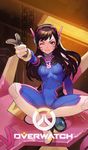  :d animal_print bangs bodysuit breasts brown_eyes brown_hair bunny bunny_print chain copyright_name d.va_(overwatch) facial_mark finger_gun gloves grin hand_up headphones high_collar highres holding indian_style lim_jaejin lips lipstick logo long_hair makeup mecha medium_breasts meka_(overwatch) one_eye_closed open_mouth overwatch pink_lips pointing sitting smile solo whisker_markings 