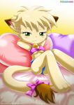  anthro bbmbbf blonde_hair blush breasts cat collar cute digital_media_(artwork) feline female flat_chested green_eyes hair looking_at_viewer mammal palcomix pillow smile solo under_boob 