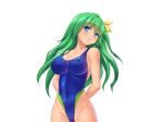  akagi_rio arms_behind_back bare_arms bare_legs bare_shoulders blue_eyes blush breasts cleavage covered_navel cowboy_shot erect_nipples eyebrows eyebrows_visible_through_hair game_cg green_hair large_breasts legs long_hair looking_at_viewer mound_of_venus simple_background smile solo standing swimsuit tanetsuke_kyoushitsu thighs white_background 