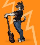 2023 3_fingers 3_toes airedale_terrier anthro arm_tuft bass_guitar bellbottoms belly belt bill_(flockdog) black_clothing black_nose black_shirt black_t-shirt black_topwear blue_bottomwear blue_clothing blue_pants bottomwear brown_belt brown_body brown_fur brown_hair brown_tail canid canine canis cheek_tuft chest_tuft clothed clothing colored denim denim_bottomwear denim_clothing digital_drawing_(artwork) digital_media_(artwork) domestic_dog eyebrows facial_tuft facing_left feet fingers flockdog floppy_ears fur guitar hair half-closed_eyes hand_on_bass_guitar hand_on_instrument hi_res hunting_dog jeans male mammal multicolored_body multicolored_fur multicolored_tail musical_instrument narrowed_eyes open_mouth orange_background overweight overweight_anthro overweight_male pants pawpads paws pink_pawpads plucked_string_instrument pockets ponytail shirt simple_background slightly_chubby slightly_chubby_anthro slightly_chubby_male snout solo standing string_instrument t-shirt tail terrier thick_eyebrows thick_thighs toes topwear trans_(lore) trans_man_(lore) tuft white_body white_fur white_tail