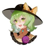 1girl absurdres black_hat bow chinese_commentary collared_shirt commentary_request frilled_shirt_collar frills green_eyes green_hair hair_between_eyes hat hat_bow highres komeiji_koishi medium_hair miamante77 open_mouth portrait shirt simple_background smile solo touhou wavy_hair white_background yellow_hat yellow_shirt 