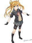  absurdres abukuma_(kantai_collection) bike_shorts black_footwear blonde_hair blue_eyes boots double_bun fingerless_gloves gloves grin highres jacket kantai_collection knee_boots looking_at_viewer maruki_(punchiki) remodel_(kantai_collection) shorts shorts_under_skirt simple_background smile solo standing twitter_username white_background 