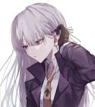  1girl adjusting_hair asawa_a31 black_gloves collared_shirt danganronpa:_trigger_happy_havoc danganronpa_(series) gloves highres jacket kirigiri_kyoko long_hair looking_down muted_color necktie purple_eyes purple_hair purple_jacket shirt simple_background solo upper_body white_background 