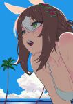  1girl animal_ears bare_shoulders bikini breasts brown_hair cleavage cloud clover_hair_ornament collarbone day english_commentary fine_motion_(umamusume) green_eyes hair_between_eyes hair_bun hair_ornament highres horse_ears leaning_forward looking_afar multicolored_hair open_mouth outdoors palm_tree sarcophage short_hair small_breasts solo streaked_hair swimsuit tree umamusume upper_body wet white_bikini 