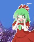  1girl blue_background blush bow frilled_bow frilled_ribbon frills front_ponytail green_eyes green_hair hair_bow hair_ribbon highres kagiyama_hina n_yurel puffy_short_sleeves puffy_sleeves red_bow red_ribbon ribbon short_sleeves solo touhou upper_body 