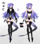  1girl alternate_costume asymmetrical_legwear belt black_gloves black_jacket black_thighhighs blue_eyes breasts choker cleavage color_guide english_commentary full_body garter_straps gloves hair_ornament head_wings heterochromia highres jacket kistina large_breasts long_hair looking_at_viewer multiple_views navel nijisanji nijisanji_en purple_eyes purple_hair selen_tatsuki simple_background smile solo star_(symbol) straight-on tail thigh_gap thighhighs virtual_youtuber white_background wings 