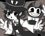  1boy 1jumangoku 1other :o androgynous bare_shoulders bendy bendy_and_the_ink_machine blush_stickers boots bow bowtie cartoonized collared_shirt commentary_request cowboy_shot crossover detached_sleeves enraku_tsubakura eye_of_senri gloves grey_background greyscale hat len&#039;en long_sleeves looking_at_viewer monochrome neck_ribbon open_mouth outline outside_border pac-man_eyes parody ribbon shadow shirt short_hair simple_background sleeveless sleeveless_shirt solid_eyes style_parody toon_(style) top_hat traditional_bowtie two-sided_fabric two-sided_headwear vest white_outline 