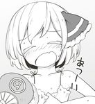  1girl chemise closed_eyes d: fan fanning_face flat_chest greyscale hair_ribbon hot jagabutter monochrome open_mouth paper_fan ribbon rumia short_hair solo sweat touhou translated uchiwa upper_body 