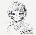  1girl :| artist_name blush closed_mouth crying crying_with_eyes_open ear_piercing earrings greyscale jewelry looking_at_viewer monochrome nose_blush original piercing portrait short_bangs short_hair sidelocks signature solo sweater tassel tassel_earrings tears translation_request turtleneck turtleneck_sweater watanabe_tomari watermark 