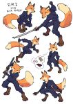  anthro canid canine clothed clothing english_text female fox hi_res isomaru katana mammal melee_weapon multiple_poses ninja pose simple_background solo sword text thought_bubble warrior weapon white_background 