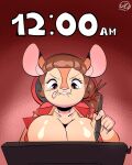 2024 absurd_res anthro artist big_breasts breasts carlos_jurado_cartoons charlie_(cjr_cartoons) cleavage clothed clothing drawing_pen drawing_tablet ears_up female focused focusing hi_res mammal mouse murid murine rodent solo time tongue tongue_out