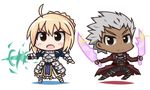  1girl ahoge archer armor armored_dress artoria_pendragon_(all) blonde_hair blush_stickers chibi colored_shadow dark_skin dark_skinned_male dual_wielding fate/grand_order fate/stay_night fate_(series) frown gauntlets glint grey_hair hair_bun holding holding_weapon mojinchin open_mouth saber shadow short_hair sword weapon white_background 