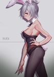  animal_ears arm_at_side battle_bunny_riven black_legwear breasts bunny_ears bunny_tail bunnysuit character_name cowboy_shot folded_ponytail from_side geoly hand_on_hip league_of_legends lips looking_at_viewer medium_breasts off_shoulder pantyhose red_eyes riven_(league_of_legends) sideboob silver_background silver_hair solo tail 