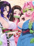  3girls :d adapted_costume bare_shoulders bit_gag black_hair blue_flower blue_hair blue_kimono breasts brown_hair cleavage closed_mouth commentary_request detached_sleeves english_commentary fingernails flower gag gradient_hair green_hair hair_flower hair_ornament highres japanese_clothes kamado_nezuko kanroji_mitsuri kimetsu_no_yaiba kimono kochou_shinobu large_breasts long_hair looking_at_viewer mixed-language_commentary multicolored_hair multiple_girls nail_polish obi open_mouth pink_eyes pink_hair pink_kimono purple_nails red_nails sash sideless_outfit smile teeth upper_teeth_only waterring white_kimono white_sleeves 