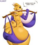anthro bandai_namco big_breasts big_butt black_sclera blue_eyes breasts butt canid canine clothing digimon digimon_(species) female fur hi_res huge_breasts huge_butt looking_at_viewer looking_back mammal rear_view renamon simple_background solo tail white_body white_fur winter_nacht yellow_body yellow_fur