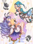  1girl bare_shoulders barefoot blonde_hair brother_and_sister closed_eyes granblue_fantasy hair_ribbon hat highres lavender_hair looking_at_viewer looking_back morphe_(granblue_fantasy) nightcap pillow ribbon siblings smile tapir teapot twitter_username vetor_(granblue_fantasy) yellow_eyes yumekui 