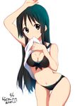  akiyama_mio arm_up bare_shoulders bikini black_bikini black_eyes black_hair blush breasts cleavage commentary_request dated front-tie_top hime_cut k-on! long_hair looking_at_viewer medium_breasts mouth_hold navel official_style ragho_no_erika shirt shirt_lift signature solo swimsuit white_shirt 