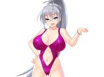  akagi_rio bare_arms bare_legs bare_shoulders blue_eyes breasts cleavage cowboy_shot erect_nipples eyebrows eyebrows_visible_through_hair game_cg glasses grey_hair hand_on_hip huge_breasts legs long_hair looking_at_viewer mound_of_venus navel open_mouth ponytail silver_hair simple_background smile solo standing swimsuit tanetsuke_kyoushitsu thighs white_background 
