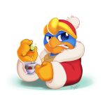 anthro avian beak beverage clothing coat container cup food fruit hat headgear headwear hi_res king_dedede kirby_(series) lime male maybehawthorn nintendo plant signature simple_background solo topwear