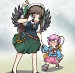  2girls aged_down alternate_costume bag bird_wings black_wings blue_shirt bow brown_hair buttons candy cape child commentary english_commentary eyeball flying_sweatdrops food frilled_shirt_collar frilled_sleeves frills gloves green_bow green_skirt hair_bow hair_ornament hairband hat heart heart_button heart_hair_ornament holding holding_candy holding_food holding_lollipop holding_phone komeiji_satori korean_commentary lollipop long_hair long_sleeves mirae_somang multiple_girls open_mouth phone pink_hair pink_skirt red_eyes reiuji_utsuho ribbon-trimmed_collar ribbon_trim rope shirt short_hair short_sleeves shoulder_bag skirt tears third_eye touhou very_long_hair vest white_gloves wide_sleeves wings 