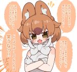  1girl animal_ears bow bowtie brown_eyes brown_hair dhole_(kemono_friends) extra_ears gloves highres kemono_friends looking_at_viewer multicolored_hair notora shirt short_hair simple_background sleeveless sleeveless_shirt solo translation_request two-tone_hair upper_body white_hair wolf wolf_girl 