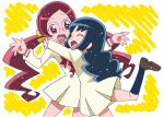  2girls ^_^ arms_around_neck blue_hair blue_socks blunt_bangs blush_stickers border bow bowtie brown_footwear buttons closed_eyes commentary_request cowboy_shot dress eyelashes flower glasses hair_flower hair_ornament hanasaki_tsubomi hand_on_another&#039;s_shoulder heartcatch_precure! hug kneehighs kurumi_erika leg_up long_hair long_sleeves looking_at_another low_twintails multiple_girls myoudou_gakuen_middle_school_uniform open_mouth outline outside_border outstretched_arms own_hands_together pink_bow pink_bowtie pink_eyes pink_hair pleated_skirt precure raised_eyebrow round_eyewear school_uniform shirakawa_mayumi shoes short_dress simple_background skirt smile snowing socks twintails uwabaki very_long_hair wavy_eyebrows wavy_hair white_border white_outline yellow_background yellow_dress yellow_flower yellow_sleeves 