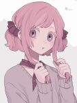  1girl :o blush_stickers grey_background highres holding holding_hair long_sleeves looking_at_viewer maco22 neckerchief open_mouth original pink_hair ribbon short_hair sidelocks simple_background solo sweater two-tone_background upper_body white_background 