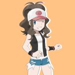  1girl a_(pixiv_17870427) bare_arms bare_shoulders baseball_cap black_vest blue_eyes blue_shorts brown_hair cowboy_shot creatures_(company) denim denim_shorts exposed_pocket game_freak hat high_ponytail long_hair micro_shorts nintendo open_clothes open_vest poke_ball_print pokemon pokemon_(game) pokemon_bw print_hat shorts smile solo teeth touko_(pokemon) vest white_hat white_tank_top 